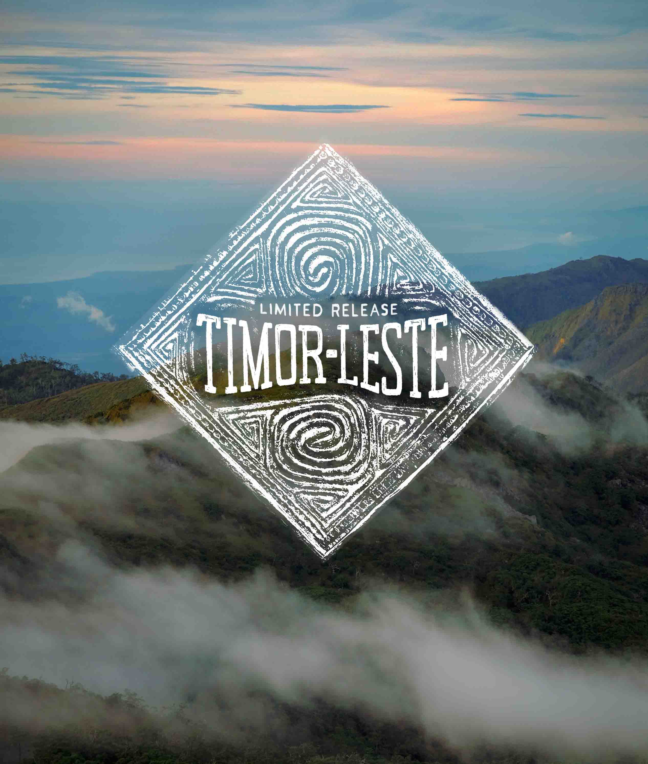 Diamond-shaped logo with 'Limited Release Timor-Leste' text over a mountainous landscape with clouds.